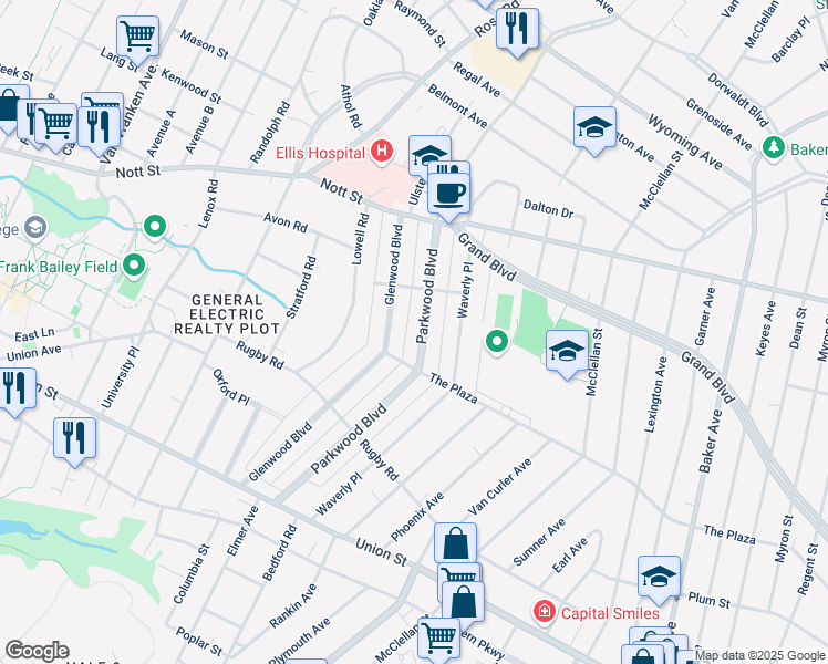 map of restaurants, bars, coffee shops, grocery stores, and more near 1256 Glenwood Boulevard in Schenectady