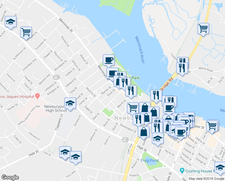 map of restaurants, bars, coffee shops, grocery stores, and more near 6 Dove Street in Newburyport