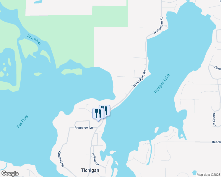 map of restaurants, bars, coffee shops, grocery stores, and more near 7110 North Tichigan Road in Waterford