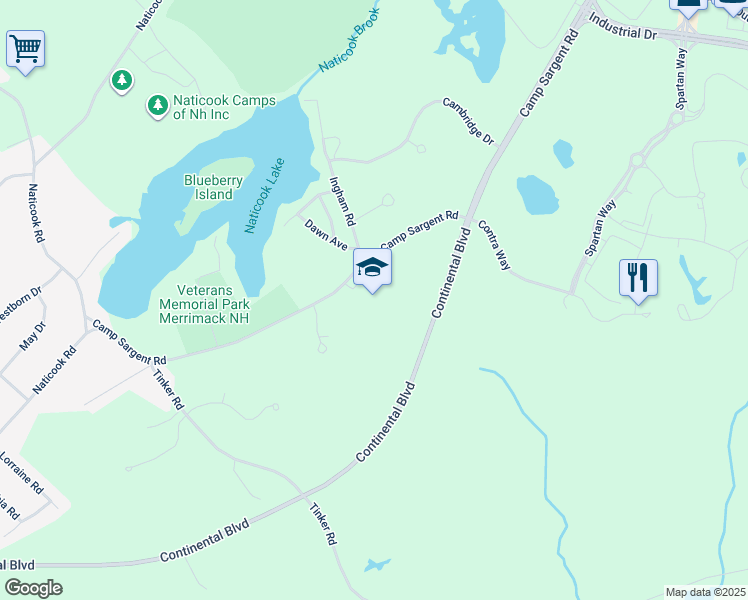 map of restaurants, bars, coffee shops, grocery stores, and more near 134 Camp Sargent Road in Merrimack