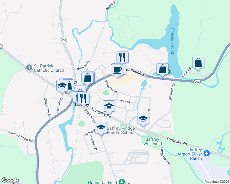map of restaurants, bars, coffee shops, grocery stores, and more near 20 Webster Street in Jaffrey