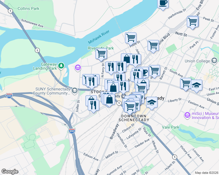 map of restaurants, bars, coffee shops, grocery stores, and more near 109 South Ferry Street in Schenectady