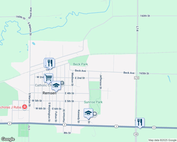 map of restaurants, bars, coffee shops, grocery stores, and more near 501 Beck Avenue in Remsen