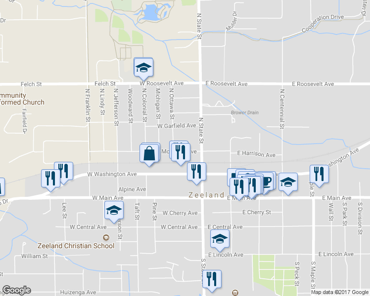 map of restaurants, bars, coffee shops, grocery stores, and more near 37 West McKinley Avenue in Zeeland
