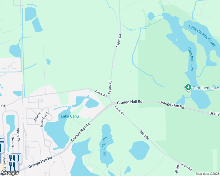 map of restaurants, bars, coffee shops, grocery stores, and more near 14507 Fagan Road in Holly