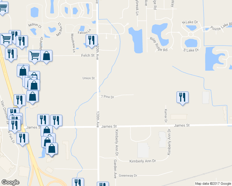 map of restaurants, bars, coffee shops, grocery stores, and more near 11887 7 Pine Drive in Holland