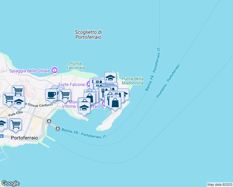 map of restaurants, bars, coffee shops, grocery stores, and more near 10 via Madama Letizia in Portoferraio