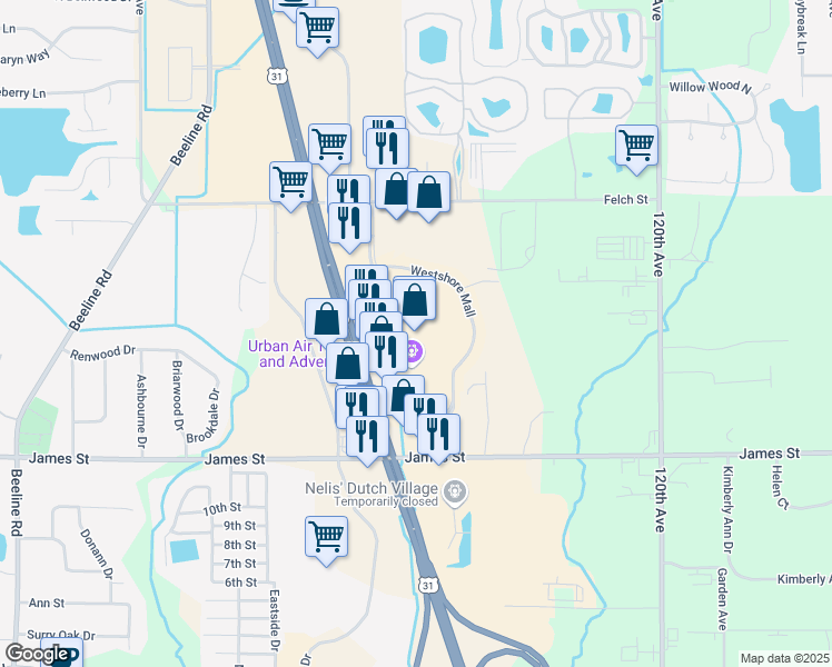 map of restaurants, bars, coffee shops, grocery stores, and more near 12347 James Street in Holland