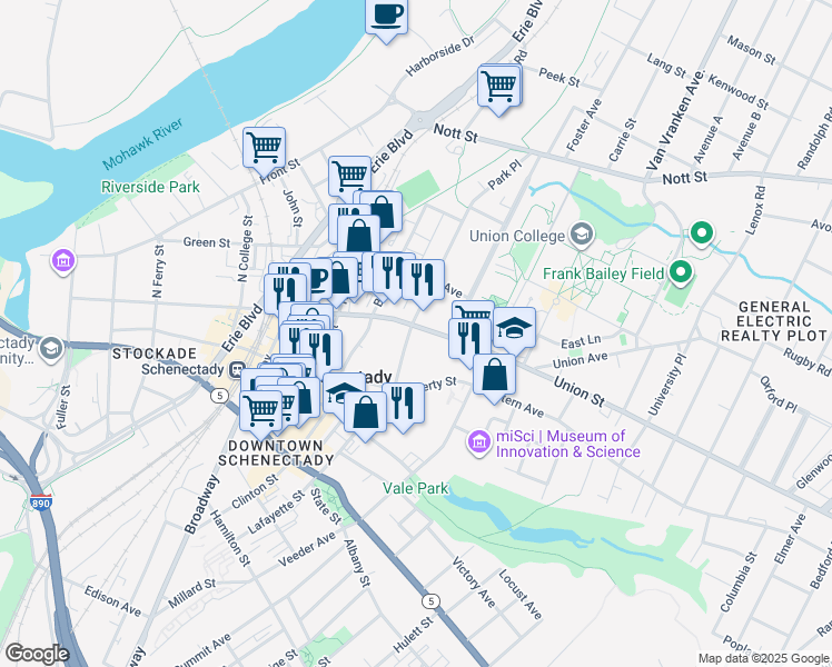 map of restaurants, bars, coffee shops, grocery stores, and more near 704 Union Street in Schenectady