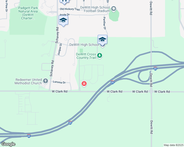 map of restaurants, bars, coffee shops, grocery stores, and more near 1 West Clark Road in DeWitt