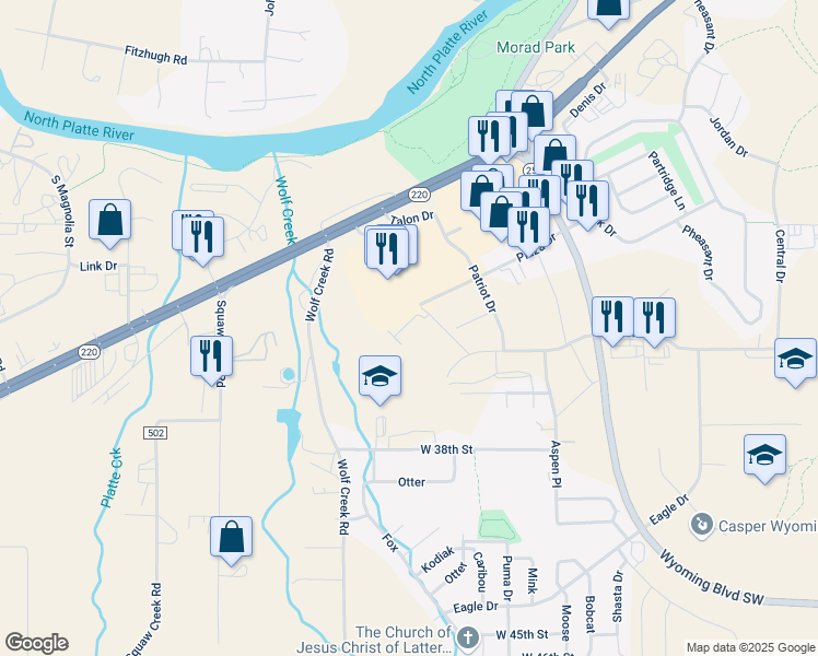 map of restaurants, bars, coffee shops, grocery stores, and more near 4255 CY Avenue in Casper