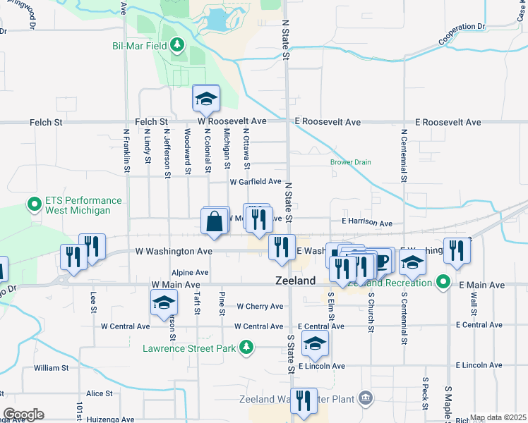 map of restaurants, bars, coffee shops, grocery stores, and more near 37 West McKinley Avenue in Zeeland