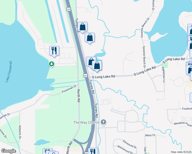 map of restaurants, bars, coffee shops, grocery stores, and more near 2443 South Long Lake Road in Fenton