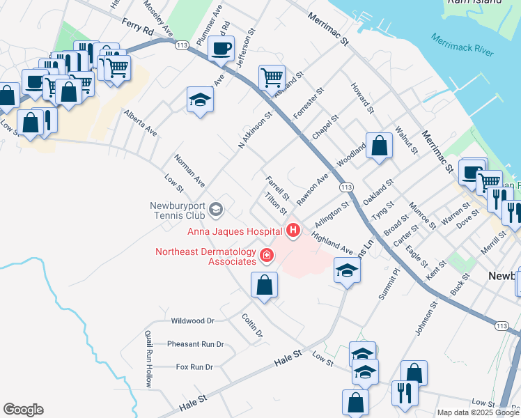 map of restaurants, bars, coffee shops, grocery stores, and more near 11 Sylvester Street in Newburyport