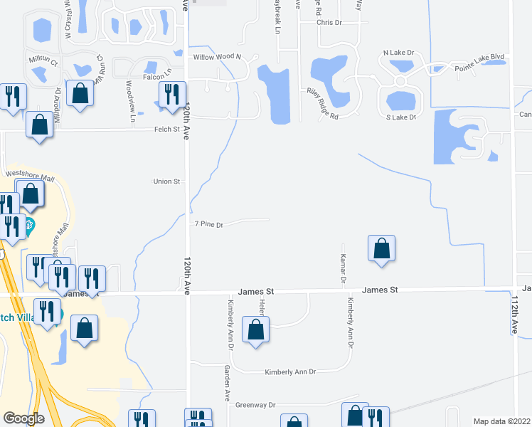 map of restaurants, bars, coffee shops, grocery stores, and more near 11807 7 Pine Drive in Holland