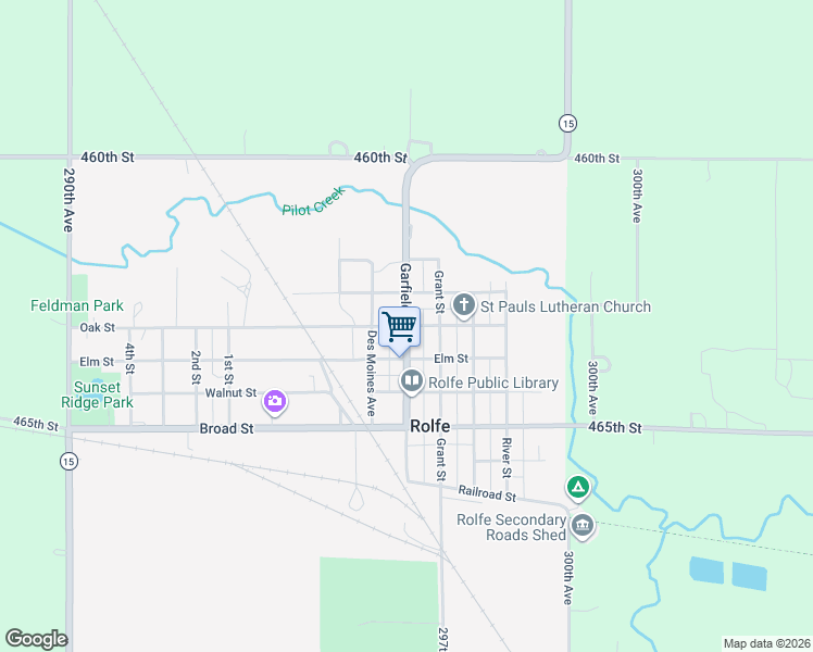 map of restaurants, bars, coffee shops, grocery stores, and more near 501 Oak Street in Rolfe