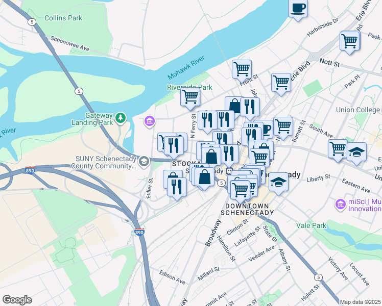 map of restaurants, bars, coffee shops, grocery stores, and more near Liberty St & S Ferry St in Schenectady