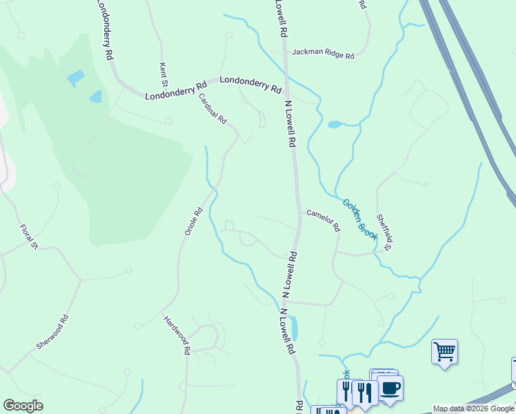 map of restaurants, bars, coffee shops, grocery stores, and more near 35 North Lowell Road in Windham