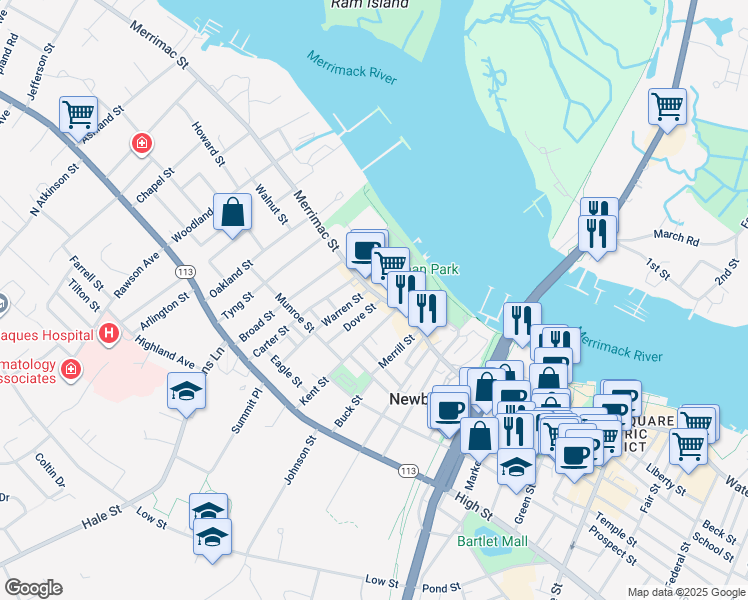 map of restaurants, bars, coffee shops, grocery stores, and more near 214 Merrimac Street in Newburyport