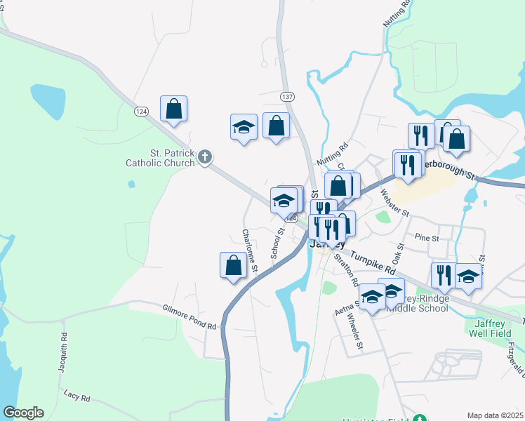 map of restaurants, bars, coffee shops, grocery stores, and more near 50 Charlonne Street in Jaffrey