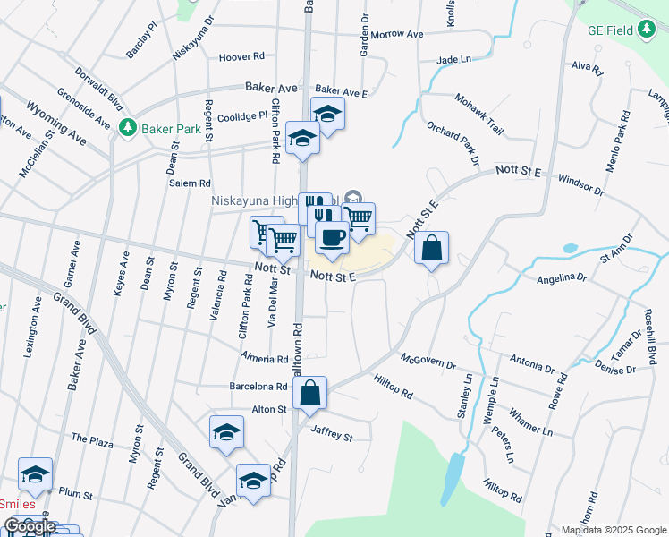 map of restaurants, bars, coffee shops, grocery stores, and more near 2303 Nott Street East in Schenectady County