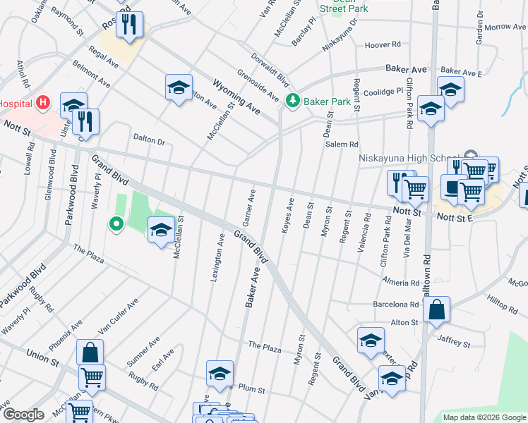 map of restaurants, bars, coffee shops, grocery stores, and more near 1470 Baker Avenue in Schenectady County