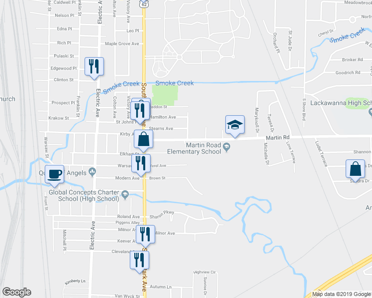map of restaurants, bars, coffee shops, grocery stores, and more near 66 Knowlton Avenue in Lackawanna