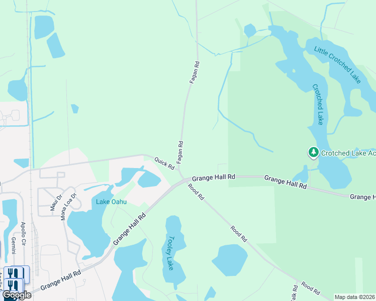 map of restaurants, bars, coffee shops, grocery stores, and more near 14507 Fagan Road in Holly