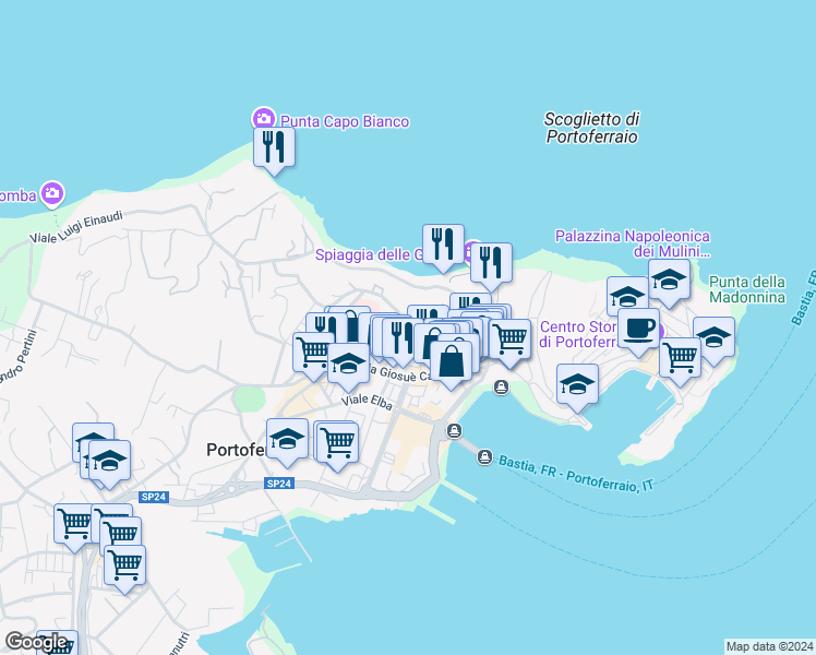 map of restaurants, bars, coffee shops, grocery stores, and more near 54 Via San Rocco in Portoferraio