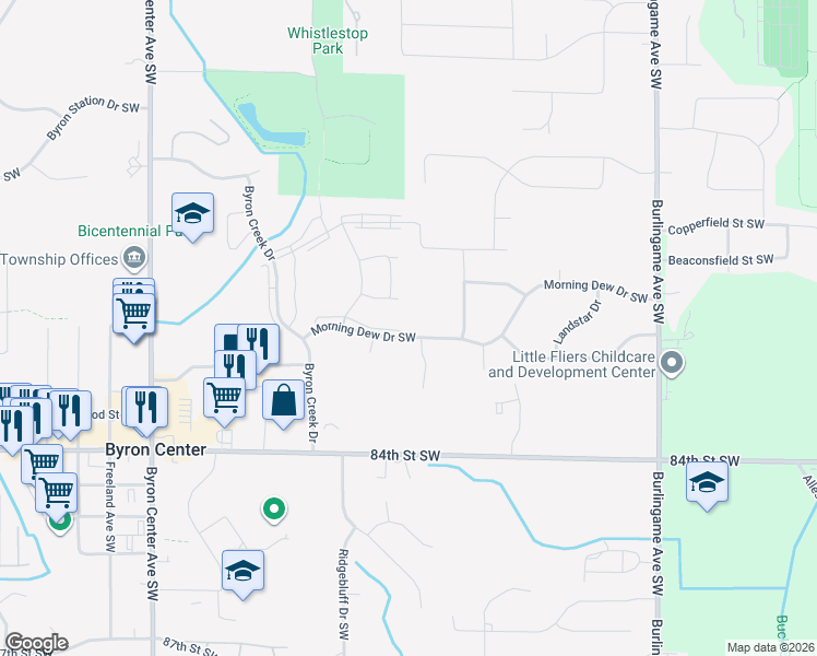 map of restaurants, bars, coffee shops, grocery stores, and more near 1887 Morning Dew Drive Southwest in Byron Center