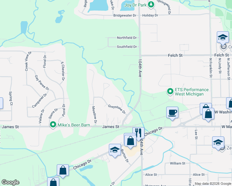 map of restaurants, bars, coffee shops, grocery stores, and more near 2574 Marble Court in Zeeland