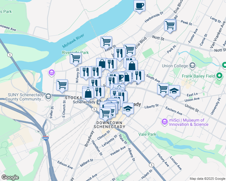 map of restaurants, bars, coffee shops, grocery stores, and more near 17 Broadway in Schenectady