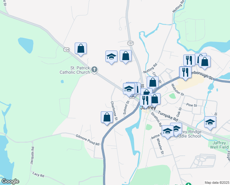 map of restaurants, bars, coffee shops, grocery stores, and more near 50 Charlonne Street in Jaffrey