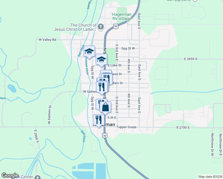 map of restaurants, bars, coffee shops, grocery stores, and more near 151 East Salmon Street in Hagerman