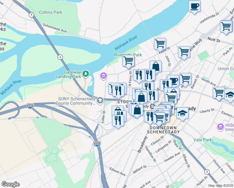 map of restaurants, bars, coffee shops, grocery stores, and more near 12 South Church Street in Schenectady
