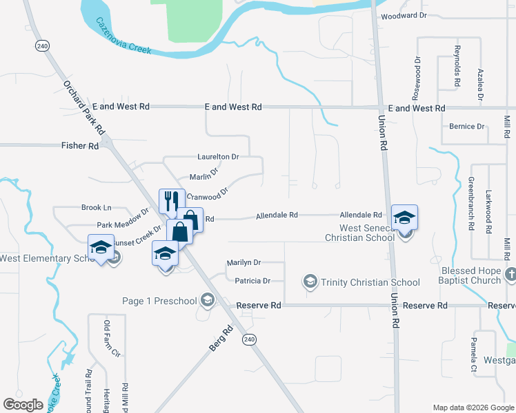 map of restaurants, bars, coffee shops, grocery stores, and more near 154 Allendale Rd in West Seneca