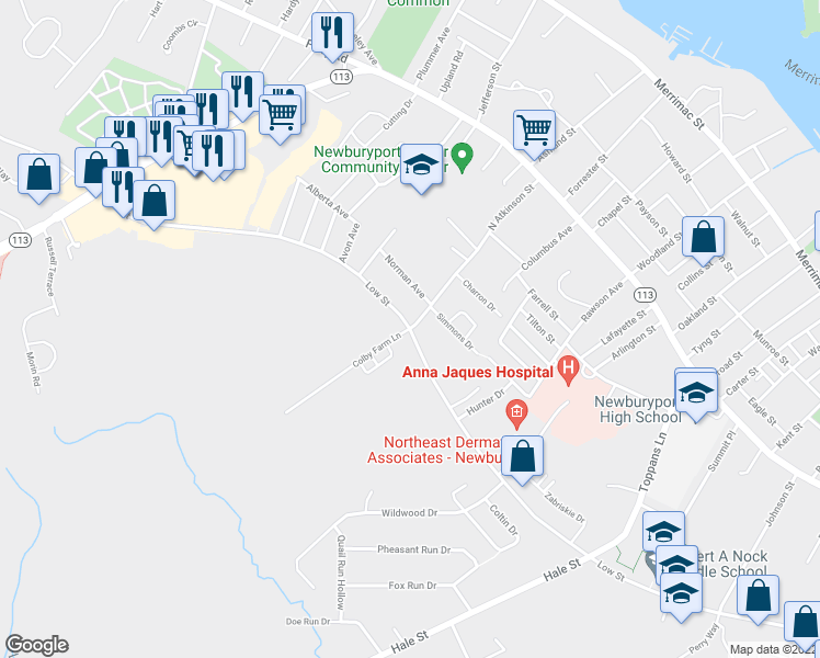 map of restaurants, bars, coffee shops, grocery stores, and more near 187 Low Street in Newburyport