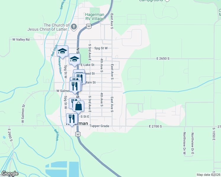 map of restaurants, bars, coffee shops, grocery stores, and more near 180 East Avenue South in Hagerman