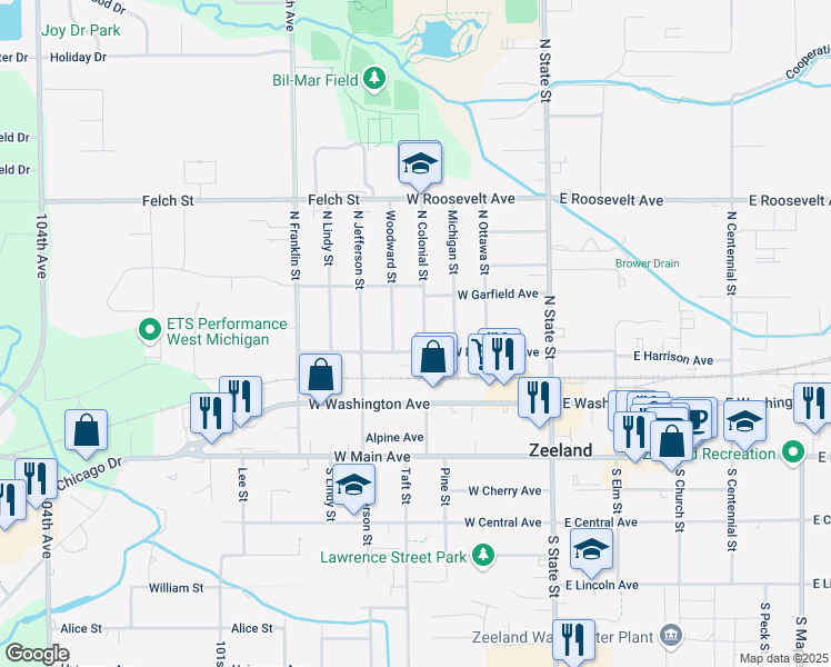 map of restaurants, bars, coffee shops, grocery stores, and more near 221 Woodward Street in Zeeland