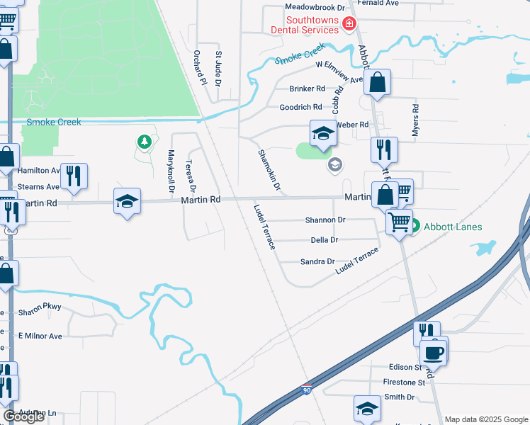 map of restaurants, bars, coffee shops, grocery stores, and more near 24 Ludel Terrace in Lackawanna