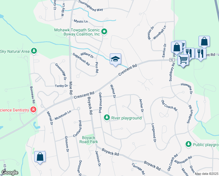 map of restaurants, bars, coffee shops, grocery stores, and more near 100 Walnut Drive in Saratoga County