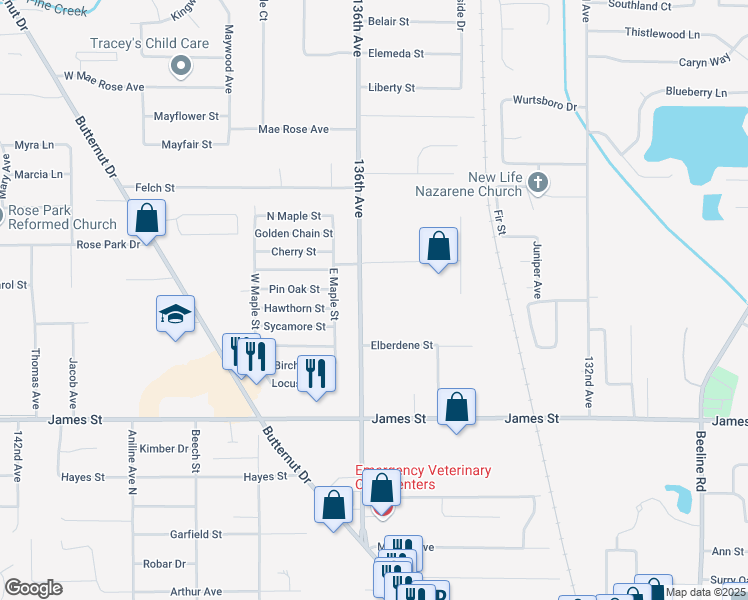 map of restaurants, bars, coffee shops, grocery stores, and more near 605 136th Ave in Holland