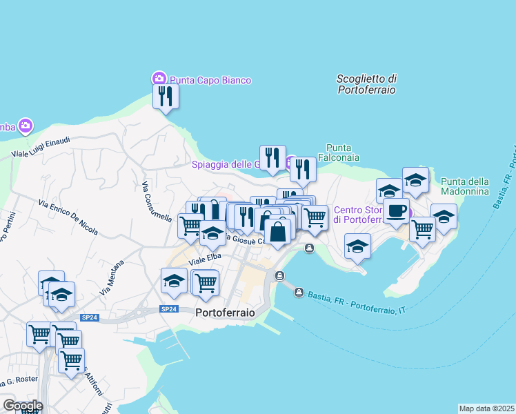map of restaurants, bars, coffee shops, grocery stores, and more near 54 Via San Rocco in Portoferraio
