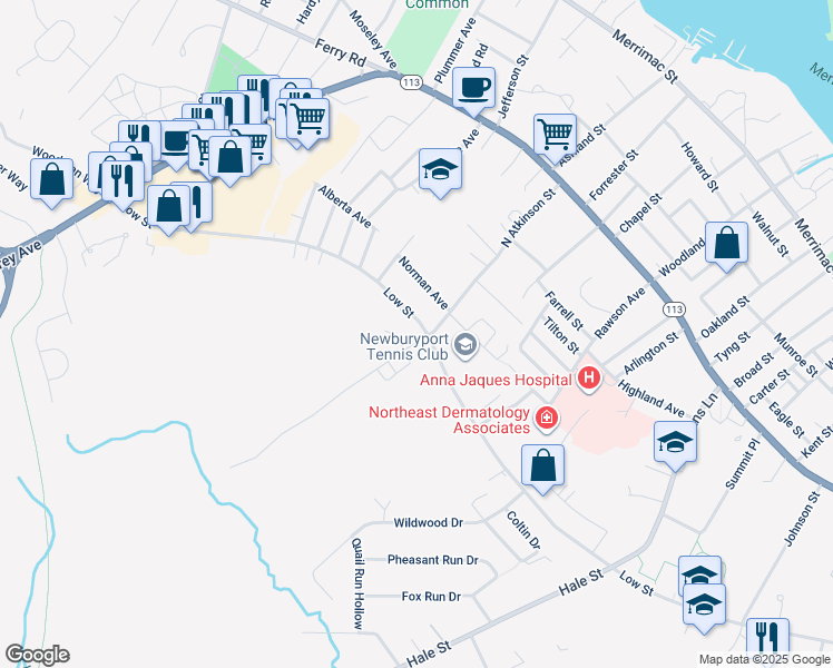 map of restaurants, bars, coffee shops, grocery stores, and more near 187 Low Street in Newburyport