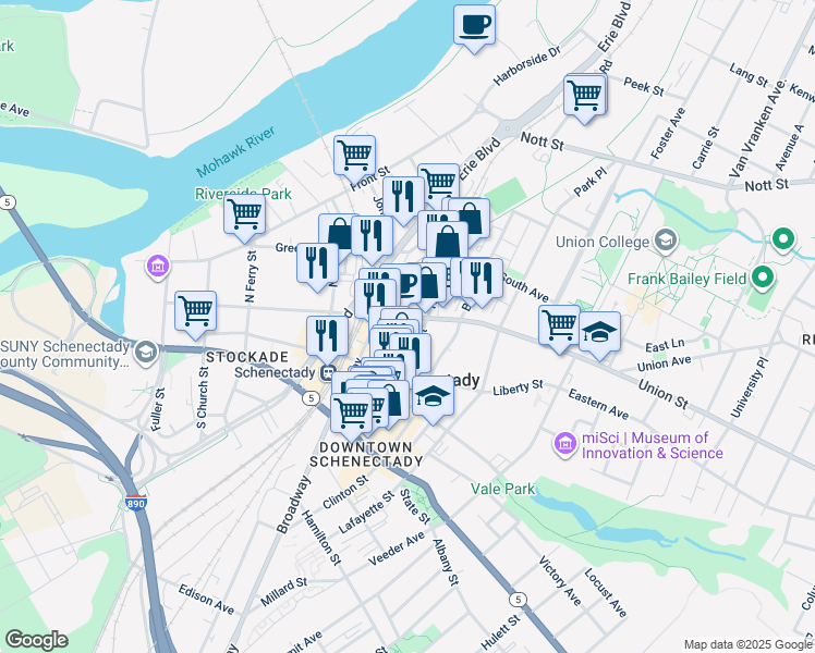 map of restaurants, bars, coffee shops, grocery stores, and more near 414 Union Street in Schenectady