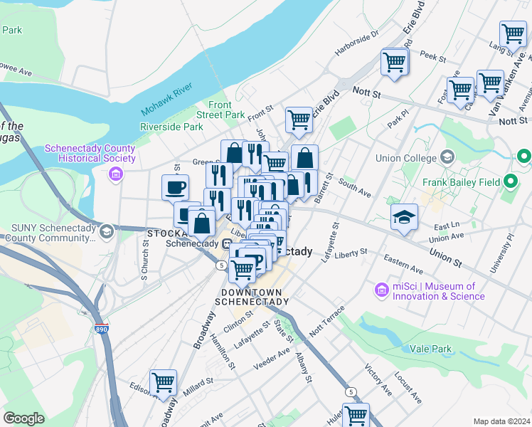 map of restaurants, bars, coffee shops, grocery stores, and more near 17 Broadway in Schenectady