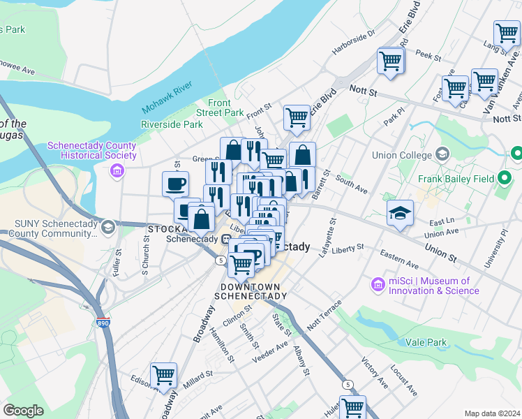 map of restaurants, bars, coffee shops, grocery stores, and more near 17 Broadway in Schenectady