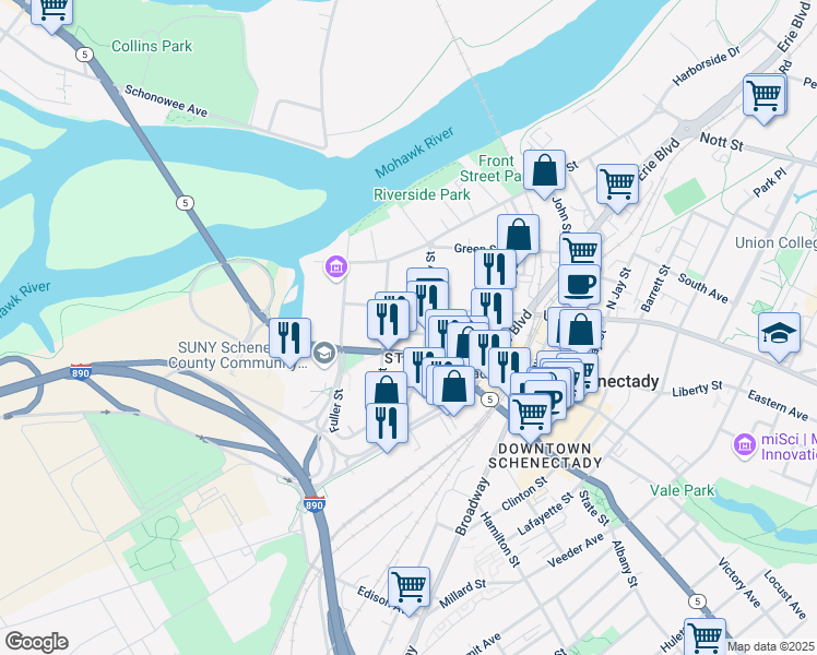 map of restaurants, bars, coffee shops, grocery stores, and more near 1 South Church Street in Schenectady
