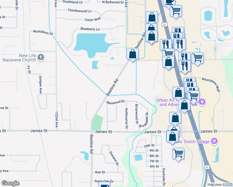 map of restaurants, bars, coffee shops, grocery stores, and more near 2640 Beeline Road in Holland
