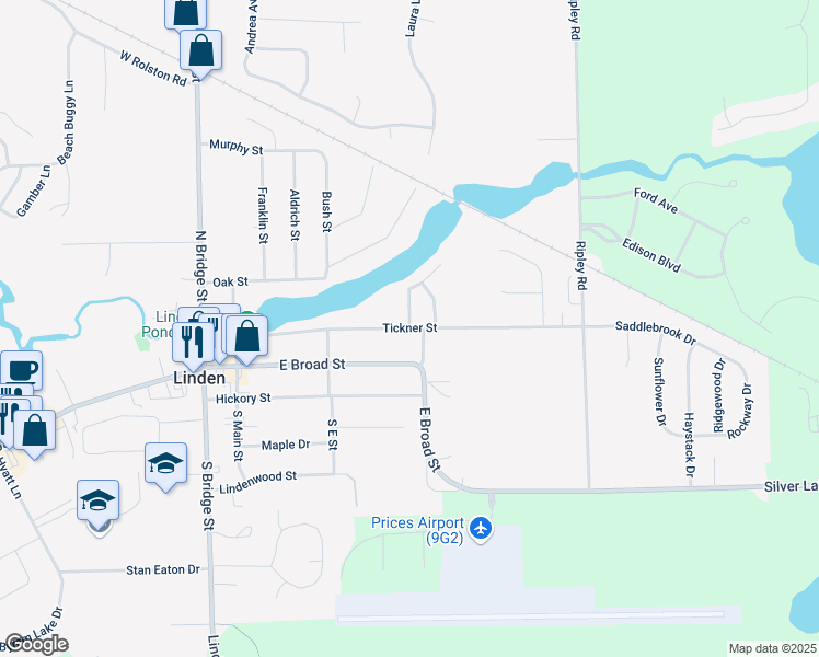 map of restaurants, bars, coffee shops, grocery stores, and more near Tickner Street in Linden